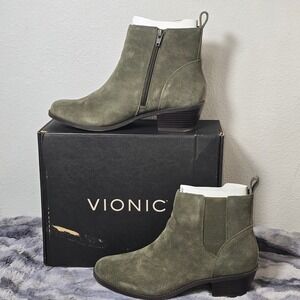 Vionic Roseland Ankle Boots Olive Green Suede Zipper Women 9.5